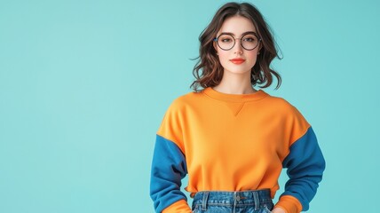 Stylish young woman in colorful sweater poses confidently against a teal background, showcasing modern fashion and individuality.