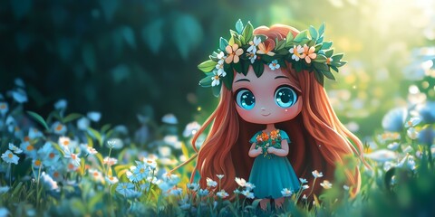 Canvas Print - A girl with long red hair and a flower crown