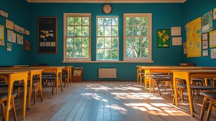 Canvas Print - Empty Classroom with Yellow Desks and a Teal Wall