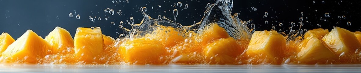 A pineapple chunk splashing into juice, golden yellow, high-energy motion, isolated on white background