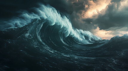 Wall Mural - Apocalyptic dramatic background, giant tsunami waves, dark stormy sky, tornado. huge waves tsunami big waves. 3d render. Stormy Sea. Illustration