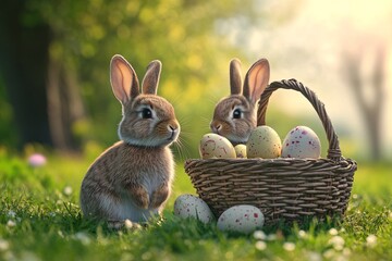 Two adorable rabbits sit next to a basket filled with colorful eggs in a sunny meadow during springtime easter