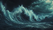 © Thiago - Apocalyptic dramatic background, giant tsunami waves, dark stormy sky, tornado. huge waves tsunami big waves. 3d render. Stormy Sea. Illustration