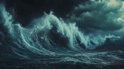Wall Mural - Apocalyptic dramatic background, giant tsunami waves, dark stormy sky, tornado. huge waves tsunami big waves. 3d render. Stormy Sea. Illustration