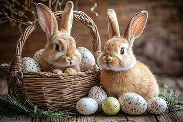 Two adorable rabbits sit next to a basket filled with colorful eggs in a sunny meadow during springtime easter