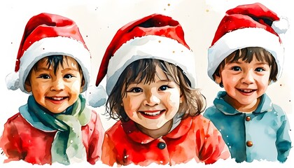 Joyful Celebration of Diversity in a Watercolor Holiday Scene with Multicultural Children Wearing Santa Hats