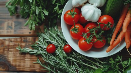 Canvas Print - A white bowl filled with fresh tomatoes, garlic, and herbs, surrounded by carrots and leafy greens on a rustic wooden table.