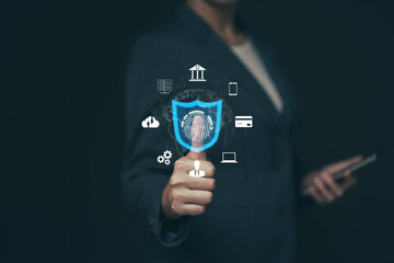 Poster - Businessman scanning fingerprint on virtual screen to access financial and other sensitive information. Cyber ​​security concept....
