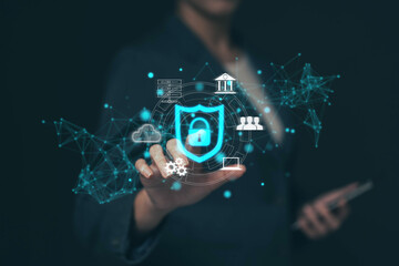 Fototapete - Cyber ​​security protection concept, personal data protection and financial transaction protection. Security lock technology protects personal information on smartphones..