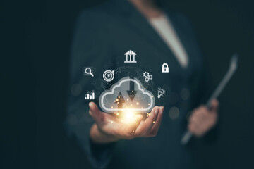 Poster - Hand holding virtual Global Internet connection metaverse. Business global internet connection application technology and digital marketing, Financial and banking, Digital link tech, big data..