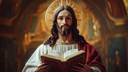 Wall Mural - An icon of Jesus Christ with an open Bible, symbolizing His teachings and the word of God.