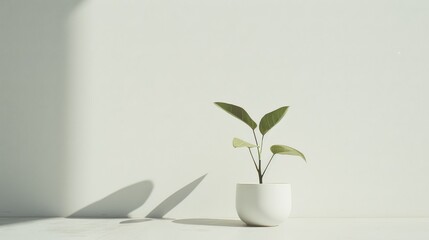 A single green plant in a white pot is bathed in soft natural light, standing out against a plain white background.