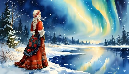 Snegurochka by a frozen lake beneath a mesmerizing aurora borealis in a winter wonderland of Slavic folklore and enchanting fantasy art