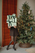 © RooM The Agency - Stylish woman standing next to an illuminated Christmas tree in a living room holding a stack of wrapped Christmas gifts