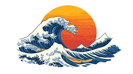 Poster - Sea icon featuring a rising wave with a sun setting behind it, creating a dynamic and natural look. The icon is isolated on a white background.