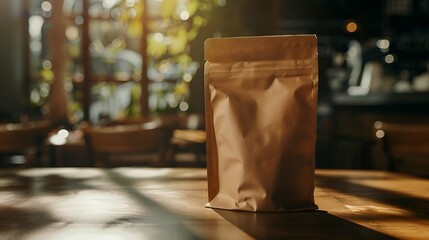 Blank craft paper coffee bag on a wooden table with coffee beans, in a warm indoor light, concept of coffee packaging.