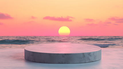 Empty round stone podium with background of beach sunset light and summer weather. Sunset Beach. Illustration