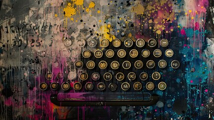 Fototapete - Typewriter keys and vibrant paint drips scattered on a textured Dadaism wallpaper