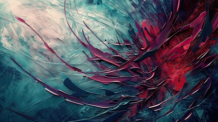 Canvas Print - Sharp lines and swirling aqua and burgundy colors with intricate textures on a Neo-Expressionism backdrop