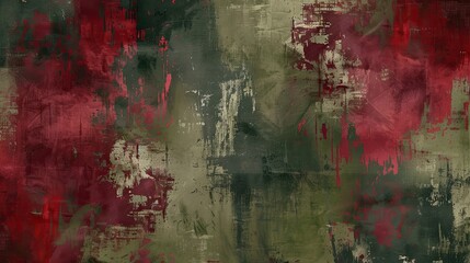 Canvas Print - Fragmented shapes in crimson and olive with thick textures on a Neo-Expressionism wallpaper softly glowing