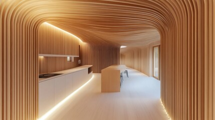 Sticker - A long hallway with a curved ceiling and white counter tops, AI