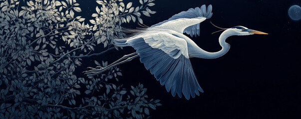 Naklejka na meble A graceful heron in flight, its body filled with the outlines of trees, their leaves gently glowing under the moonlight.