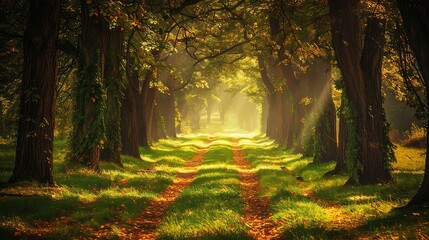 Wall Mural - Sunlight streams through the trees on a path in a forest.