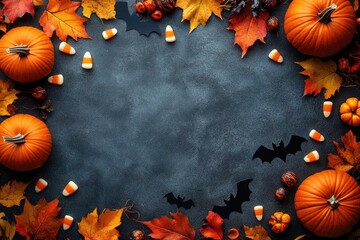 Wall Mural - A black and orange background with a pumpkin and a cauldron in the center