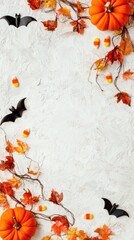 Wall Mural - A white background with orange leaves and pumpkins and bats