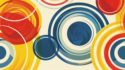 Poster - Concentric circles in vibrant reds blues and yellows on a Bauhaus wallpaper with gradient transitions