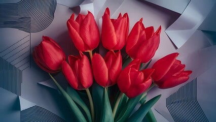 Bouquet of red tulips with green leaves on abstract paper background