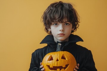 Wall Mural - A boy in a black costume holding a pumpkin with a smile on his face