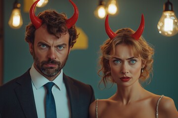 Formal couple in devil horns for Halloween celebration or costume party, blending elegance with spooky elements, illuminated by hanging light bulbs.