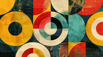 Poster - Bauhaus background featuring concentric circles and squares in alternating colors soft textures and gradients