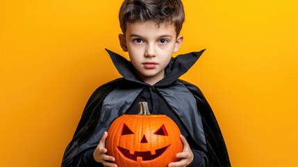 Wall Mural - A young boy in a black cape and a black cape holding a pumpkin