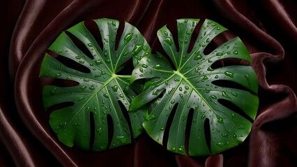 Close-up view of beautiful green wet monstera leaves isolated on black