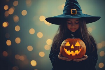 Wall Mural - A young girl is holding a pumpkin with a smile on her face