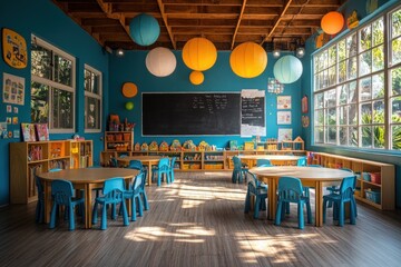 Canvas Print - Classroom Interior with Colorful Decorations and Furniture