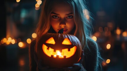 Wall Mural - A girl is holding a pumpkin with a smile on it