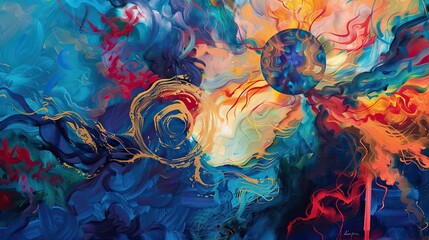 Wall Mural - Swirling fluid shapes with intense blue red and yellow hues in this Fauvist backdrop