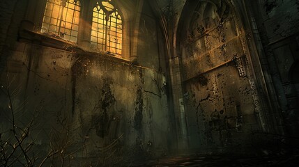 Wall Mural - Crumbling ancient walls with ornate engravings and dark gradients in Gothic backdrop