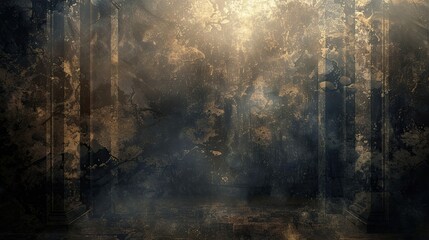 Canvas Print - Shadowy gothic background with weathered metal textures and spectral mist