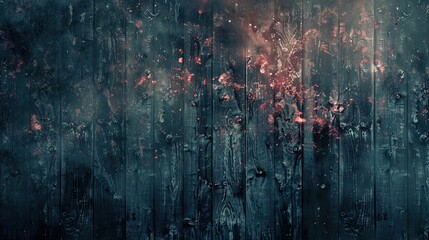 Wall Mural - Wooden gothic backdrop with swirling fog and soft red glowing accents