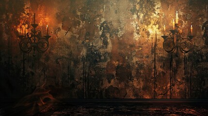 Wall Mural - Gothic background with crumbling plaster wall ornate murals and torchlight