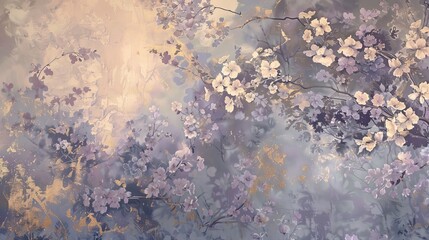 Wall Mural - Floral patterns in lavender and gold with soft light and shadow wallpaper