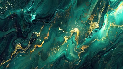 Canvas Print - Background with flowing liquid effects in turquoise and gold glowing accents