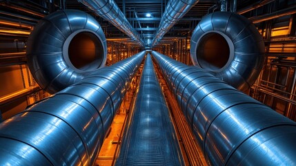 A futuristic industrial scene featuring large metallic pipes and structures.