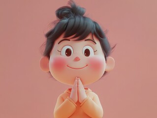 Aufkleber - Shy 3D Character. Blushing with Hands Clasped and Downcast Gaze