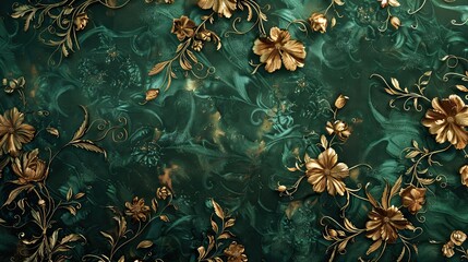 Wall Mural - Mannerism wallpaper of floral motifs in emerald and bronze with glowing shadowy textures