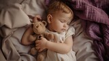little girl peacefully sleeping in bed, holding her teddy bear close, with a purple blanket and white pillow, wearing a light-colored dress, creating a tranquil and comforting scene